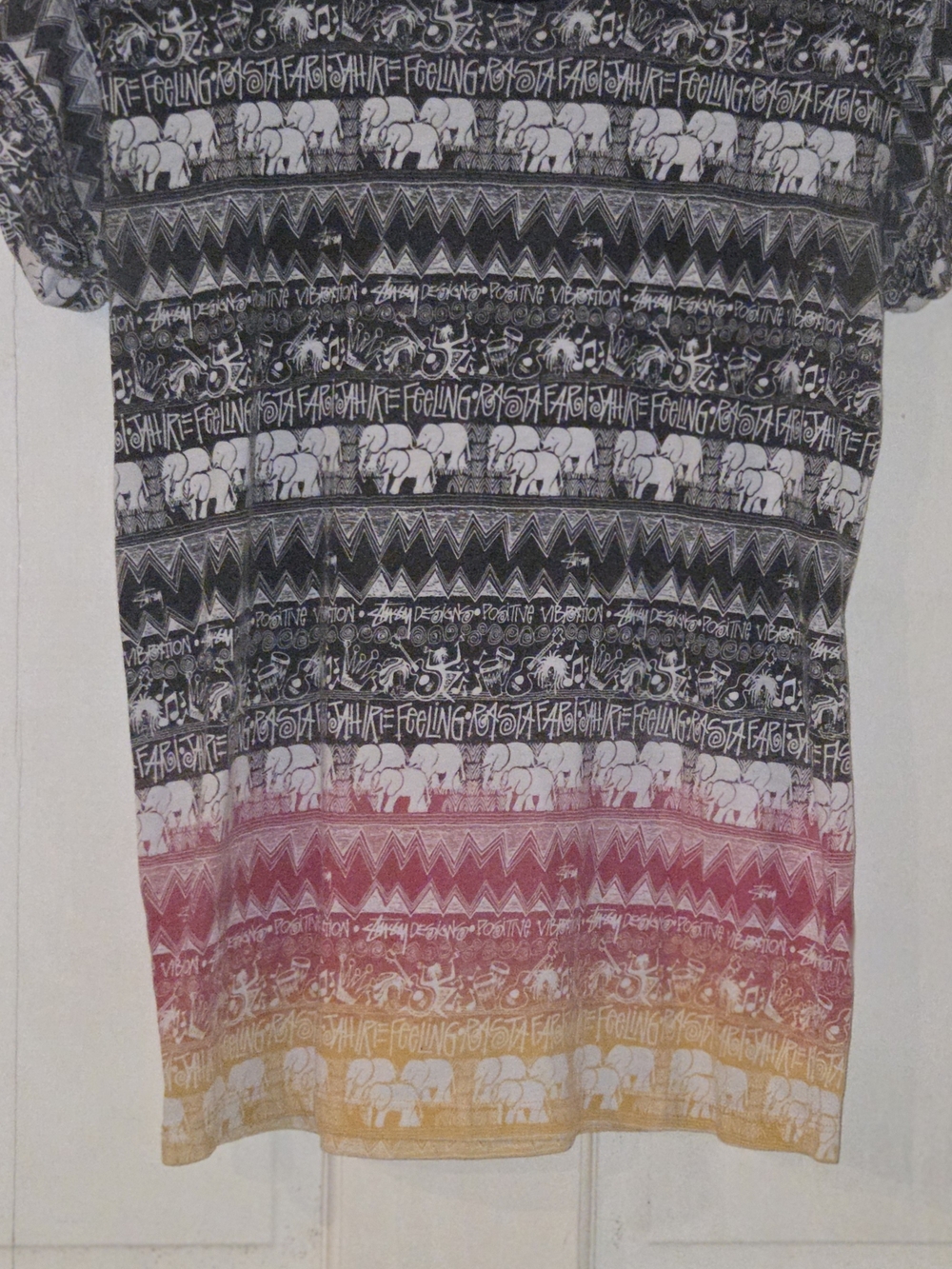 Stussy Black to Pink to Yellow Elephant Print Short Sleeve Tee